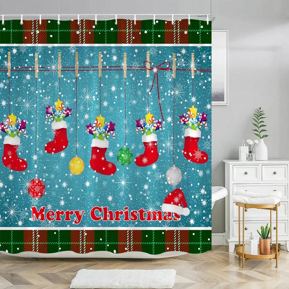 Xmas Decorative Shower Curtains Fireplace Christmas Tree Winter New Year Gift Bathroom Decor Fabric Bath Curtian Hanging