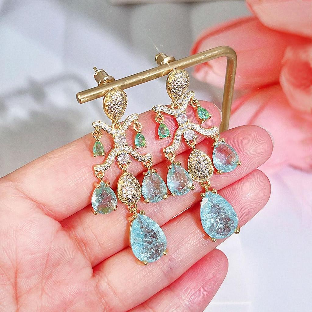 CMM Retro Water Drop Light Blue Ice Flower Zircon Chandelier Tassel Temperament All-Match Elegant Golden Dangle Earrings