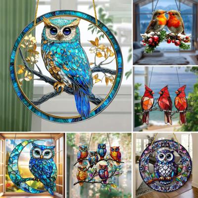 Ornement Hibou Vitrail Bleu Vert Attrape-Soleil Oiseaux Enchanteurs Suspension de Fenêtre