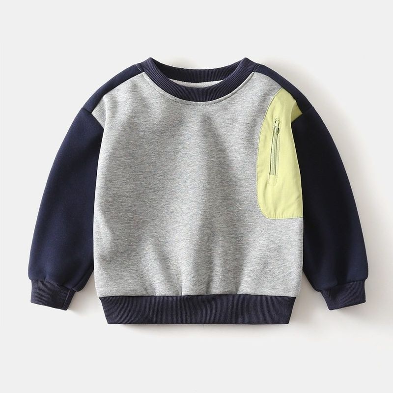Fleece-Lined Long sleeve Hoodie Korean Style Children s Clothing Autumn and Winter Children s Patchwork Sleeve Top Baby Boys Polar Fleece Pullover Gray 90