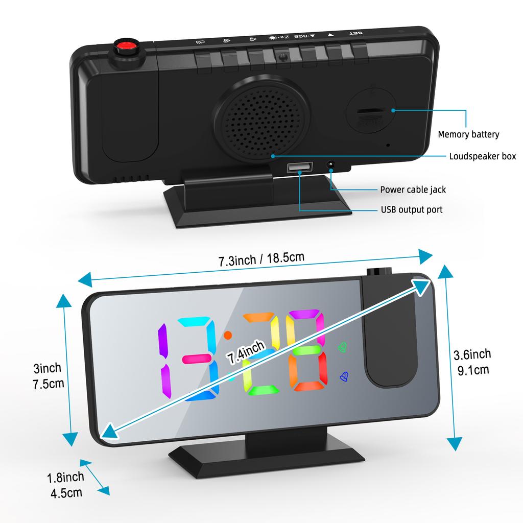 Digital 180 degrees Projection Alarm Clock with Dynamic RGB Light Brightness Snooze Dual Alarm Setting USB Port Mirror Clock for Be