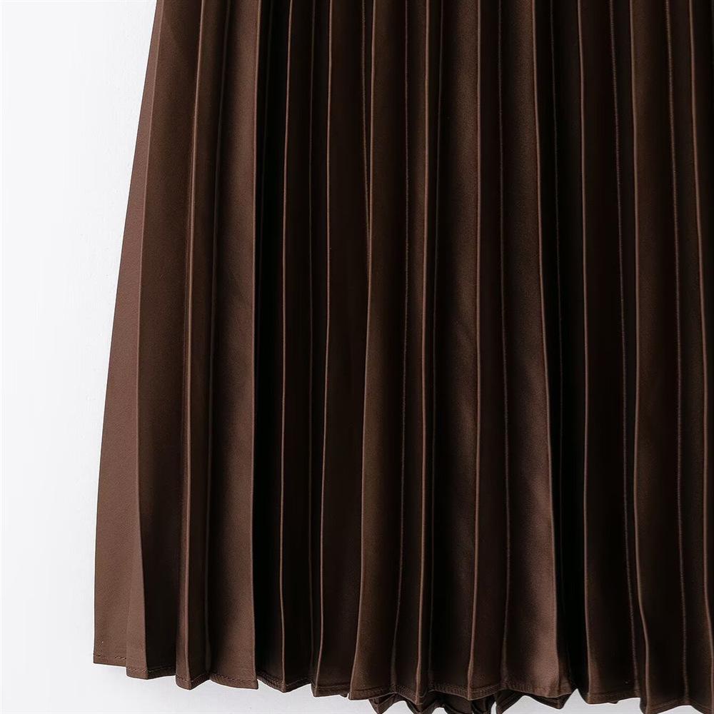 Spring 2025 Women's Slimming High-Waisted Silk Satin Pleated Midi Skirt