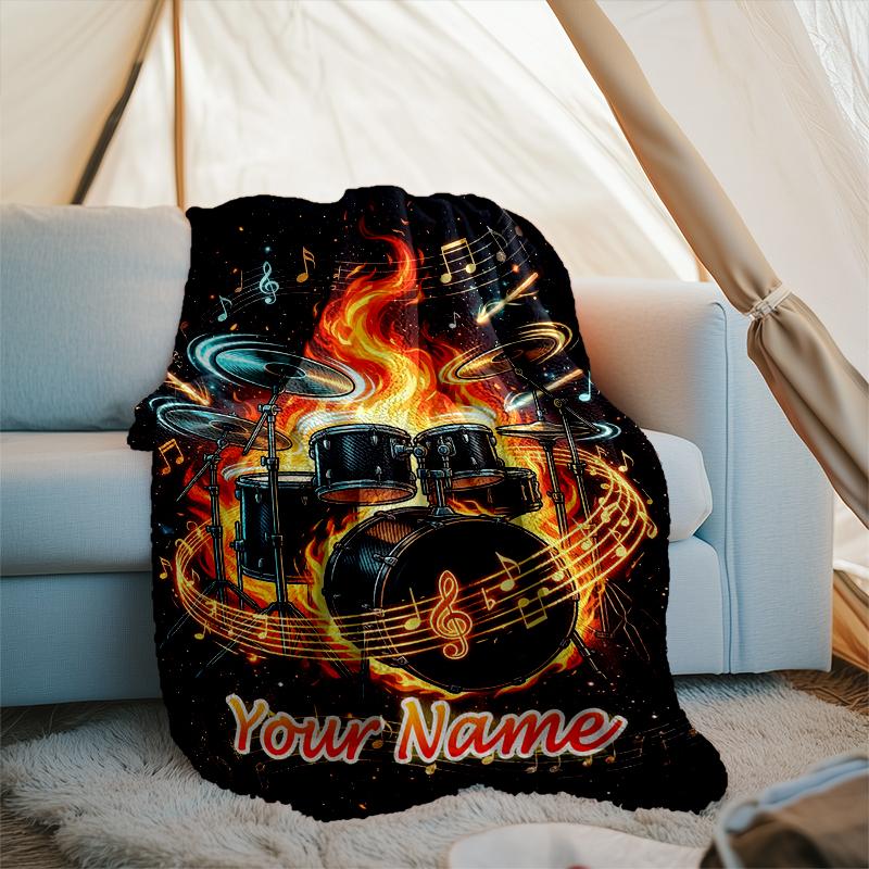 1PC Custom Name Drum Set Music flannel blanket versatile,all-season throw suitable for the living room,bedroom,camping,travel,and gift