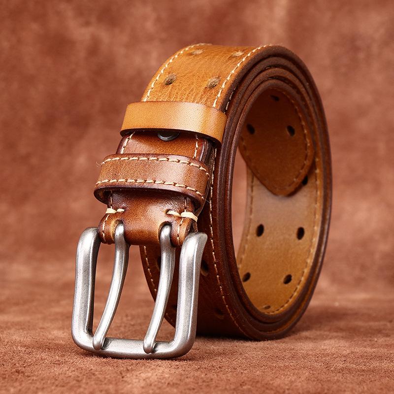 Męski skórzany pasek retro modny i spersonalizowany modny uniwersalny pierwsza warstwa skóry bydlęcej podwójna klamra do jeansów męski pasek