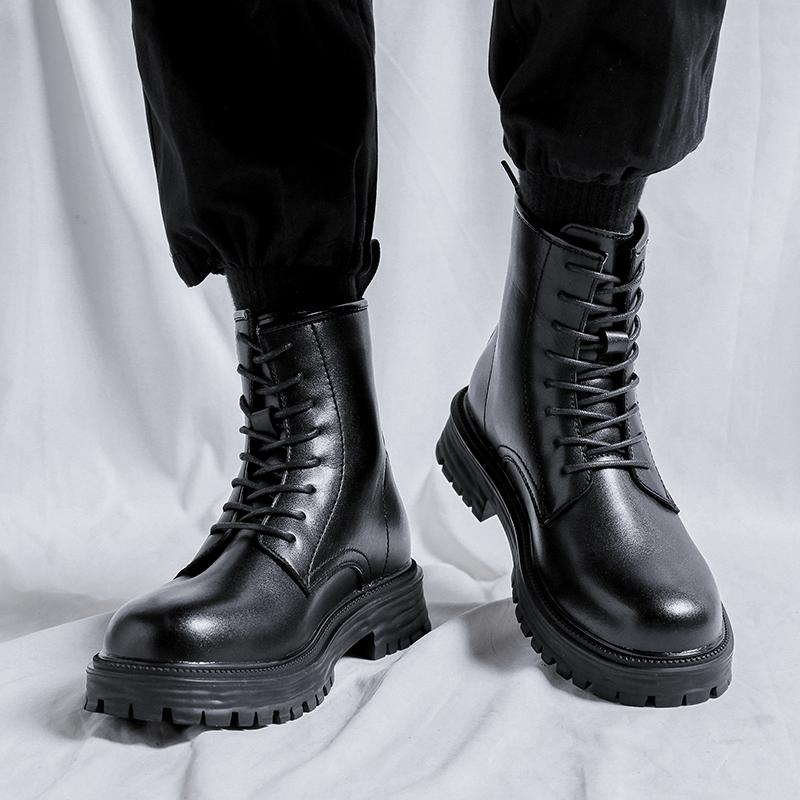 Men Fashion Motorcycle Boots Black Tide Lace-up Platform Shoes Cowboy Genuine Leather Boot Street Cool High Top Botas Masculinas