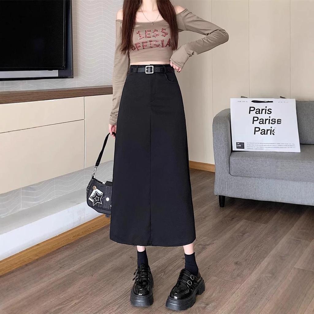 Women's Gray High Waist Straight Leg Midi Skirt with Slit - Slimming Summer A-Line Design.