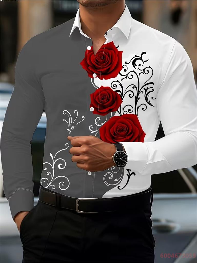 2026 Men's Fashion Red Rose Print Long-Sleeve Shirt, Stylish Casual Design, Spring/Autumn Casual Shirt