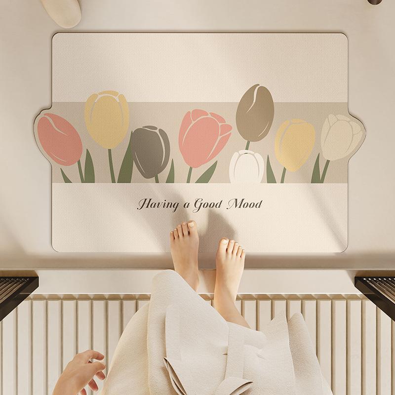 Cute Wind Half An Acre Flower Field Bathroom Door Absorbent Floor Mat, Bathroom Diatom Mud Floor Mat Non-Slip Foot Mat Household