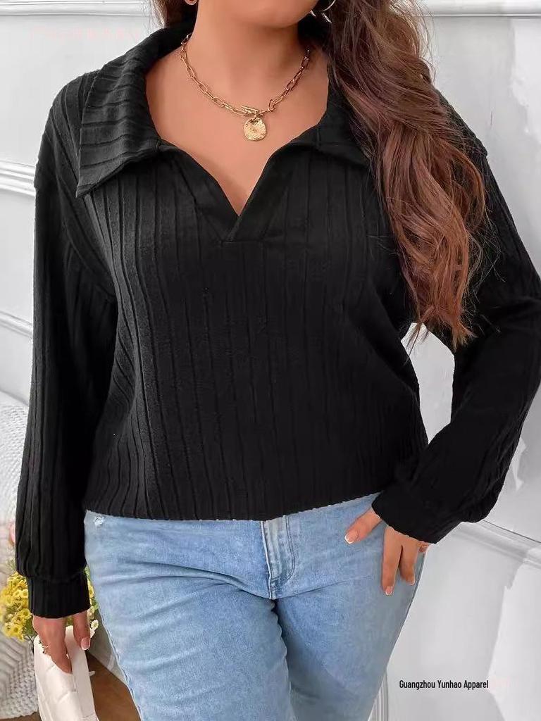 2026 Autumn/Winter Plus Size Women's V-Neck Long Sleeve Ribbed Brushed Loose Top