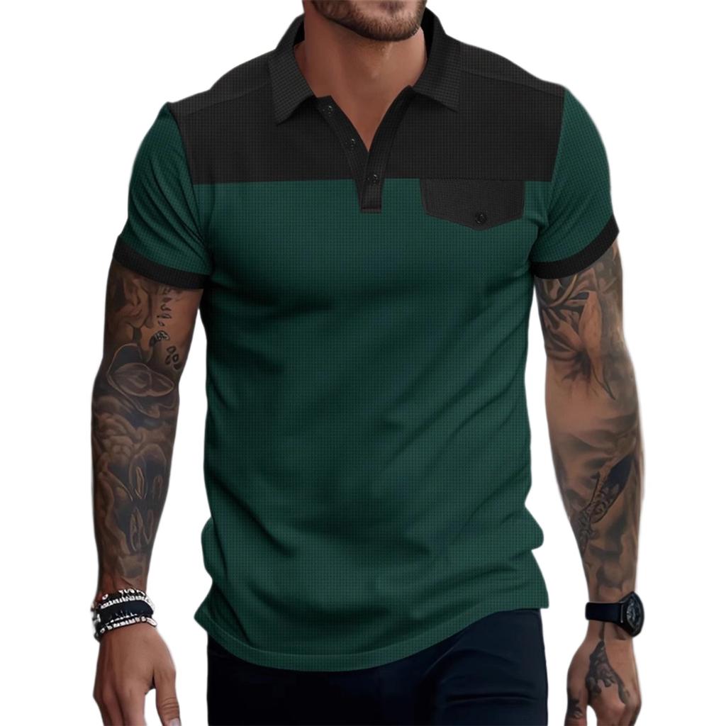 Men's Summer Color-blocked Lapel Pocket Short-sleeve T-shirt Casual Sporty Top