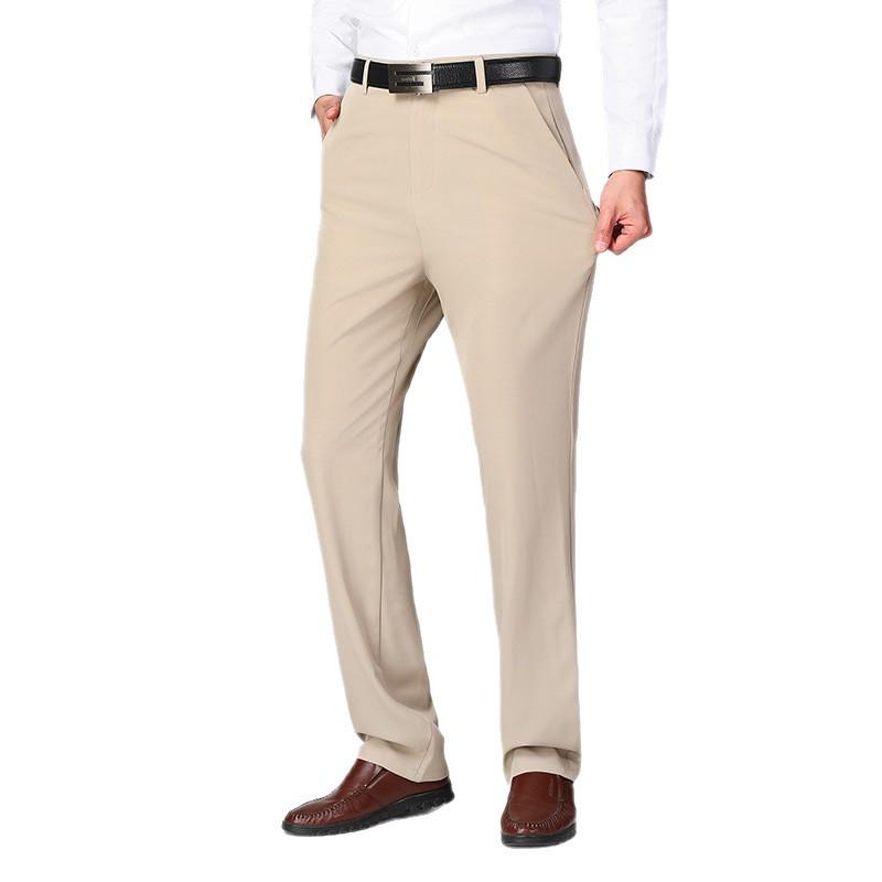 Romon Men's Ice Silk Elastic Summer Pants - Middle-aged Casual Loose Straight Leg Design