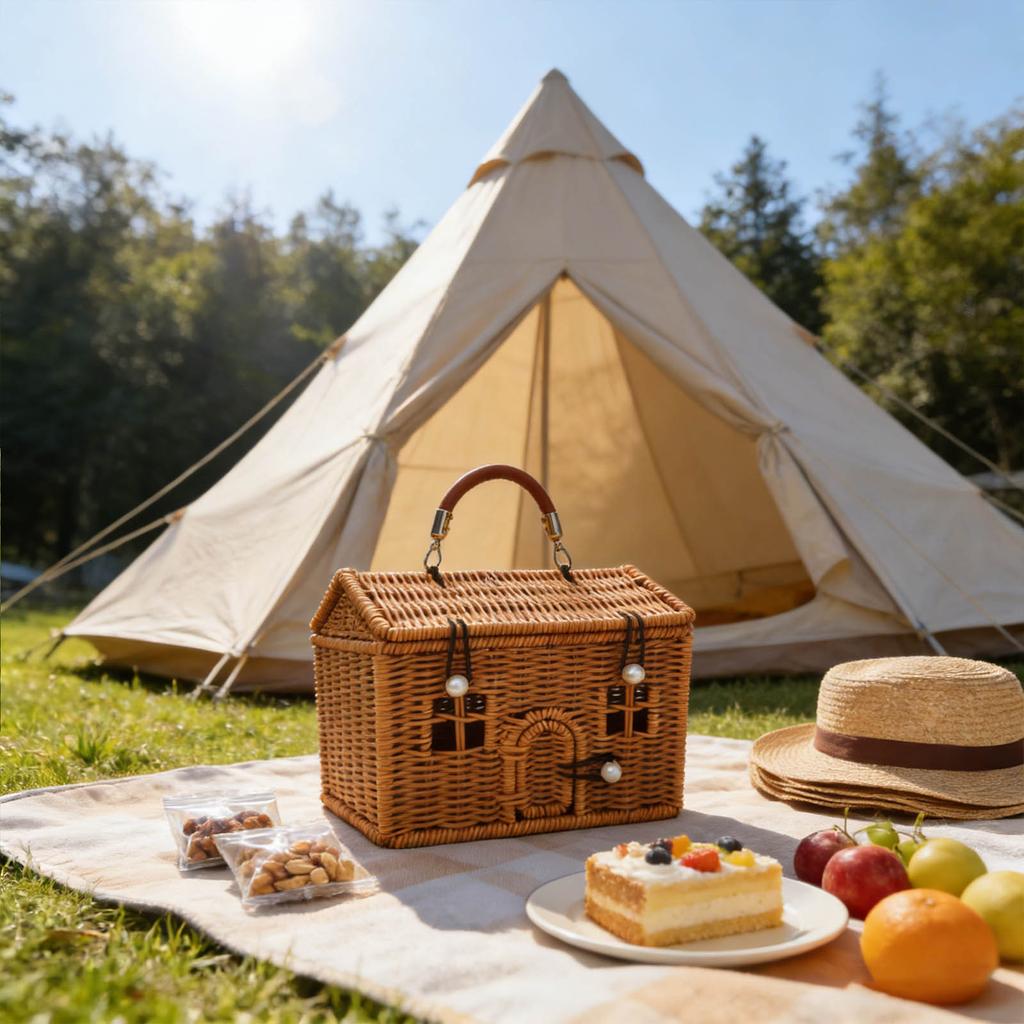 This Plastic Rattan House-shaped Basket, With A Lid And Folding Handle, Is Perfect For Picnics, Easter, Tidying Up, And Other Occasions.