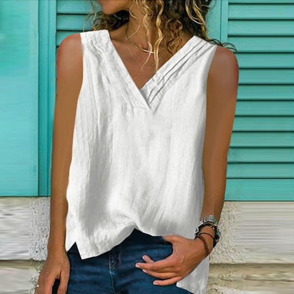 women s Solid V Neck Sleeveless Linen Blend Tank Top Split Hem Casual Summer Camisole Vest S
