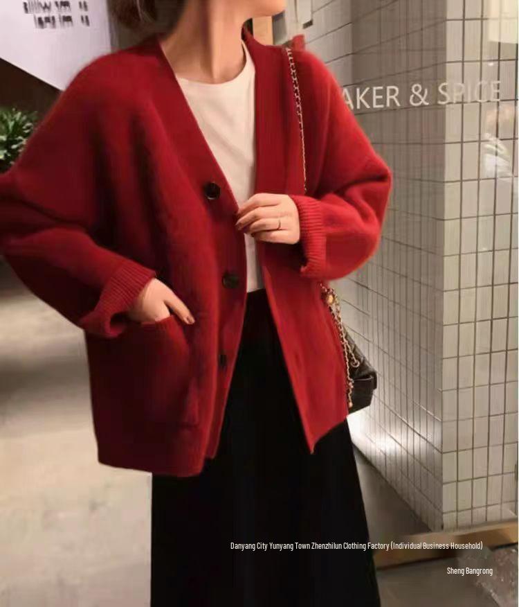 Women's Mid-Length Plus Size Wool Cardigan - Versatile Loose Knit Sweater Coat