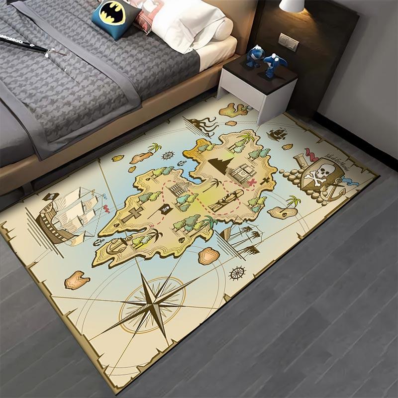 Piraten-Schatzkarten-Teppich mit Schiff und Insel-Abenteuer-Thema Geeignet zur Verwendung als Antirutschmatte für Wohnzimmer, Schlafzimmer, Sofas