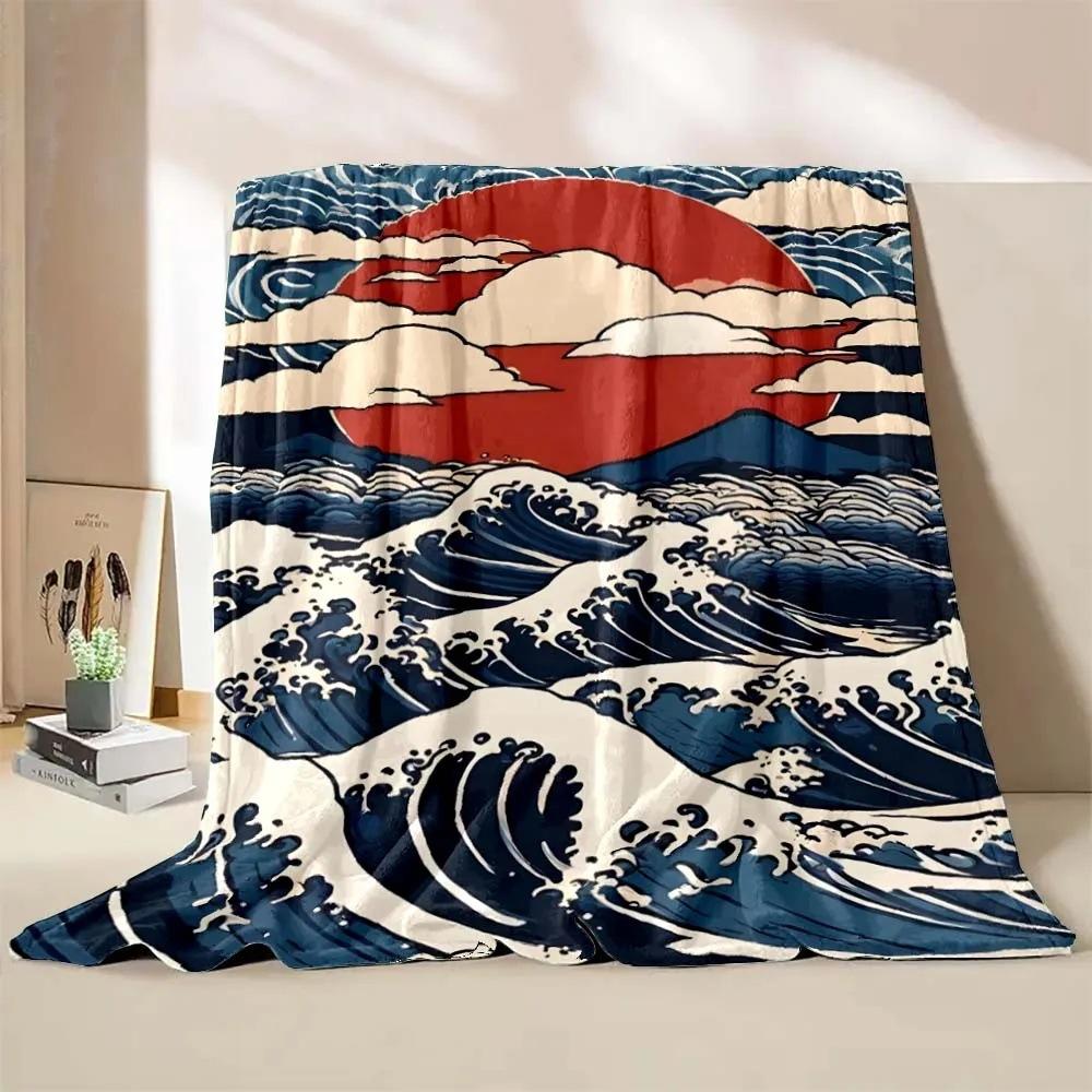 Wave-inspired Ukiyo-e paintings digital-printed polyester velvet flannel cover blanket Fleece soft sofa cover blankets for beds