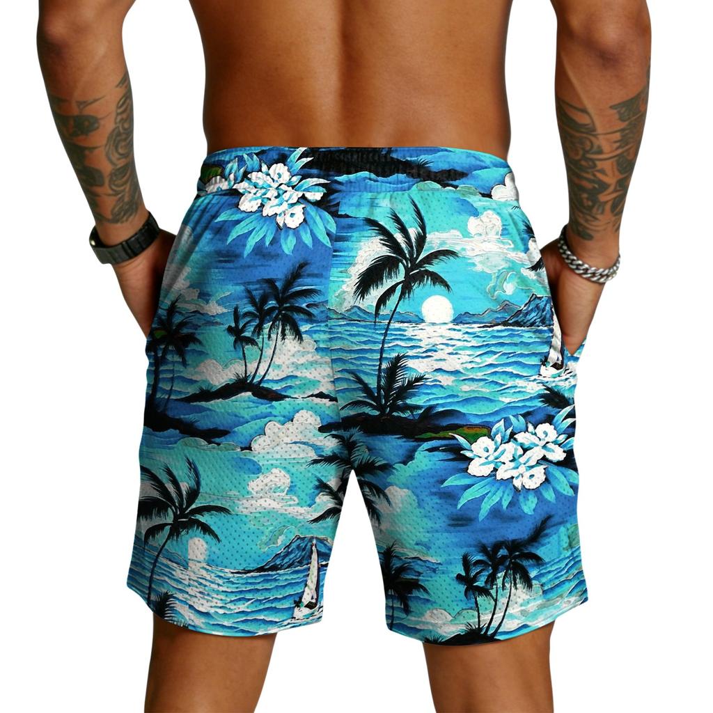 Herren Freizeitshorts mit Kordelzug Leicht Schnelltrocknend Innenbeinlänge Fünf Zoll Hawaiianischer Print Strand Badeshorts mit Taschen