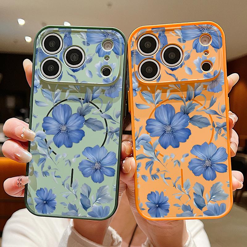 Magnetic For Magsafe Case For iPhone 17 Pro Max Pale Blue Flowers Pattern Skin Feeling Cover For iPhone 16 15 14 13 Pro Max