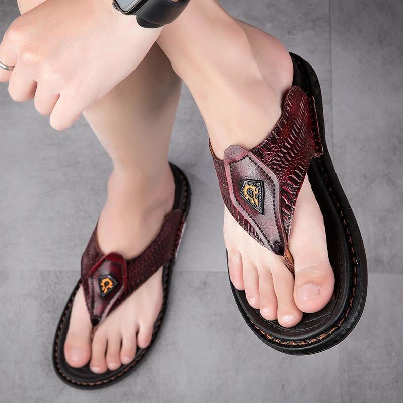 Модные мужские сандалии из натуральной кожи оптом, летние, с мягкой подошвой, противоскользящие, пляжная обувь, мужские большие, новые шлепанцы, повседневные сандалии для улицы