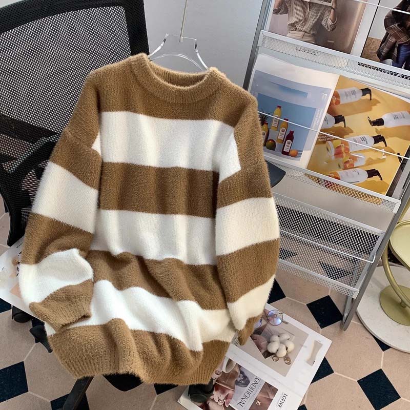 Sweater for Women Autumn Winter Plus Size Thickened Warm Knitted Stretchy Long Sleeve Striped Tops