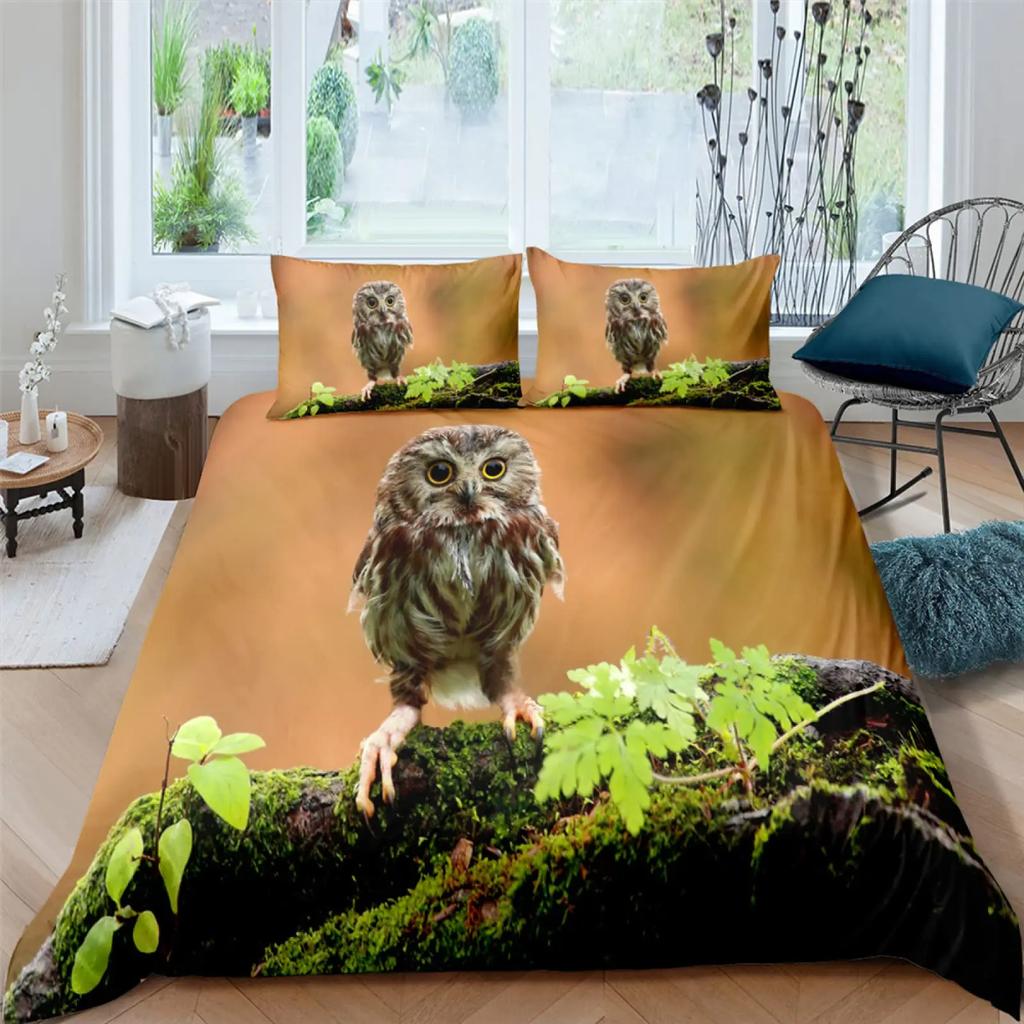 Owl King Queen Duvet Cover Adorable Funny Cartoon Animal Bedding Set for Kids Boy Colorful Wildlife 2/3pcs Polyester Quilt Cover