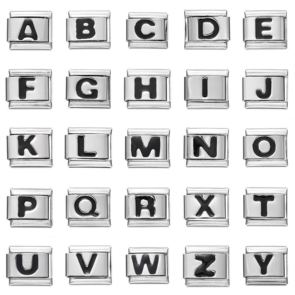 Fashion Black 26 English Letters Italian Charm Links Fit 9mm Stainless Steel Bracelet Making Women Men Jewelry Accessories