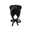 Women Hat Bear Shape Solid Color Winter Knitted Hat with Lace-up Cold Weather Thick Warm Plush Headwear