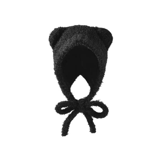 Women Hat Bear Shape Solid Color Winter Knitted Hat with Lace-up Cold Weather Thick Warm Plush Headwear