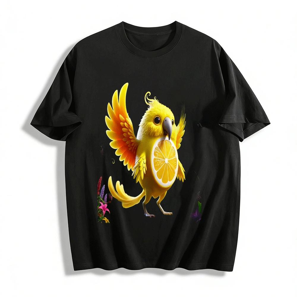 

Fun Lemon Bird Graphic Print Casual Short Sleeve T-Shirt Pure cotton T-shirt XXS