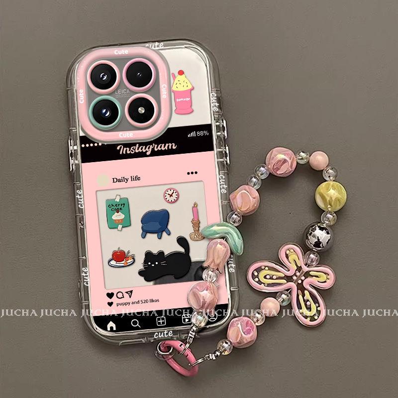 Xiaomi 17/17 Pro Full Coverage Anti-Fall Phone Case with Lanyard - Mirror Black Cat Design