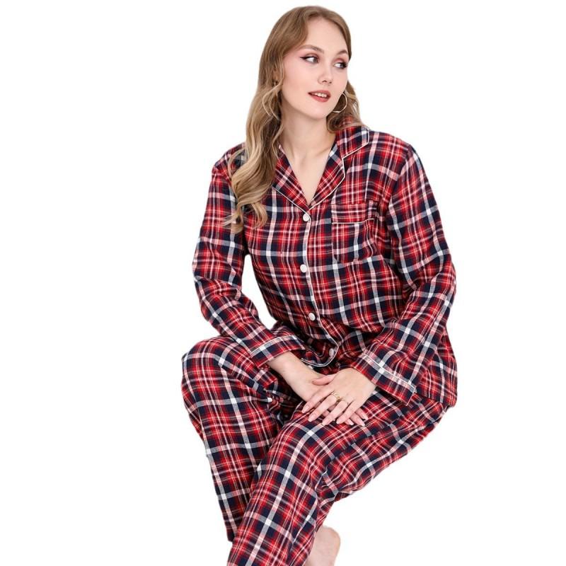 Womens Oversized Plaid Pajama Set Long Sleeve Turn-Down Collar Loose Comfortable Sleepwear Winter Home Use