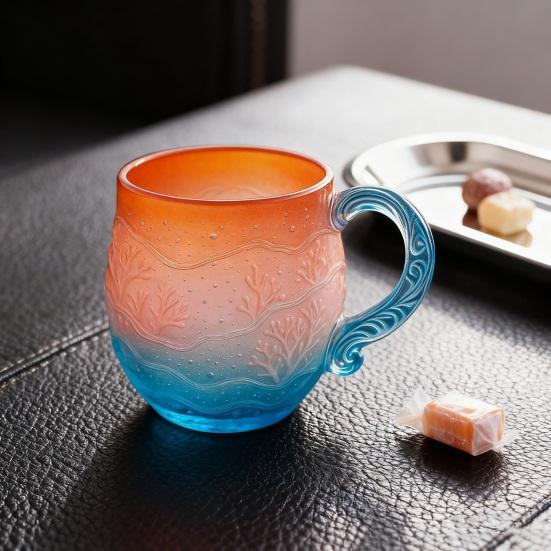Ocean Sunset Glass Mug Gradient Coffee Cup with Wave Embossing 350ml Large Capacity Beverage Cup