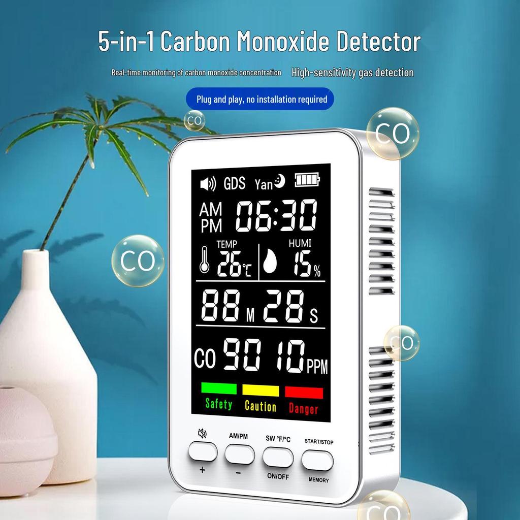 5-in-1 Portable CO Alarm & Air Quality Detector with Temperature & Humidity Sensors for Home Use