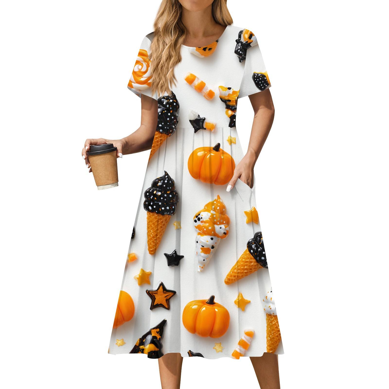 

Women s Casual Fashion Halloween Printed Short Sleeve Round Neck Dress M белый