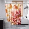 1pc Romantic Soft Pink Roses and Golden Butterflies Shower Curtain, Polyester Woven Fabric, Fashionable Bathroom Decor