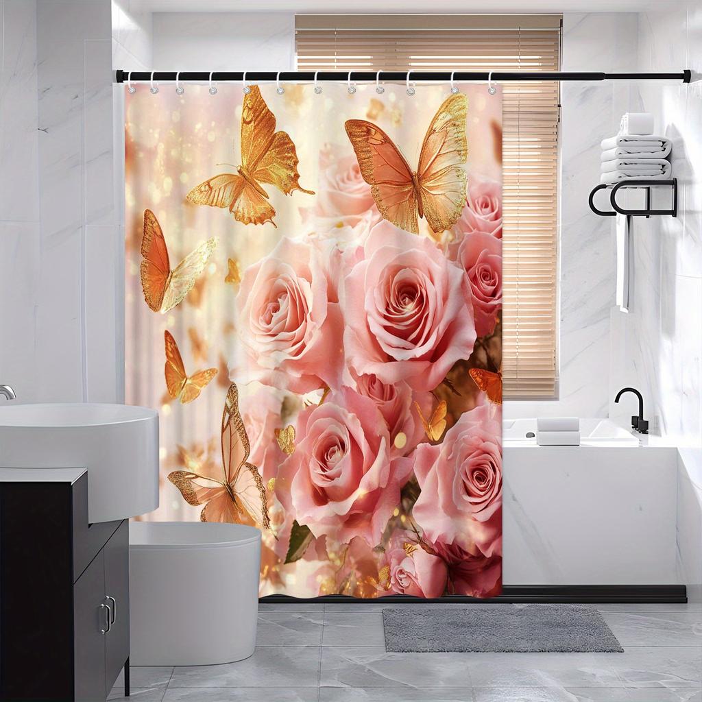 1pc Romantic Soft Pink Roses and Golden Butterflies Shower Curtain, Polyester Woven Fabric, Fashionable Bathroom Decor