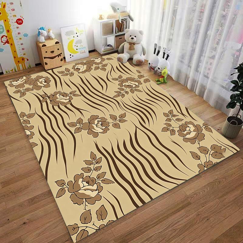 Floral Pattern Carpet with Beige and Brown Stripes for Home Decor Suitable for Use As an Anti-slip for Living Room Bedroom Sofas