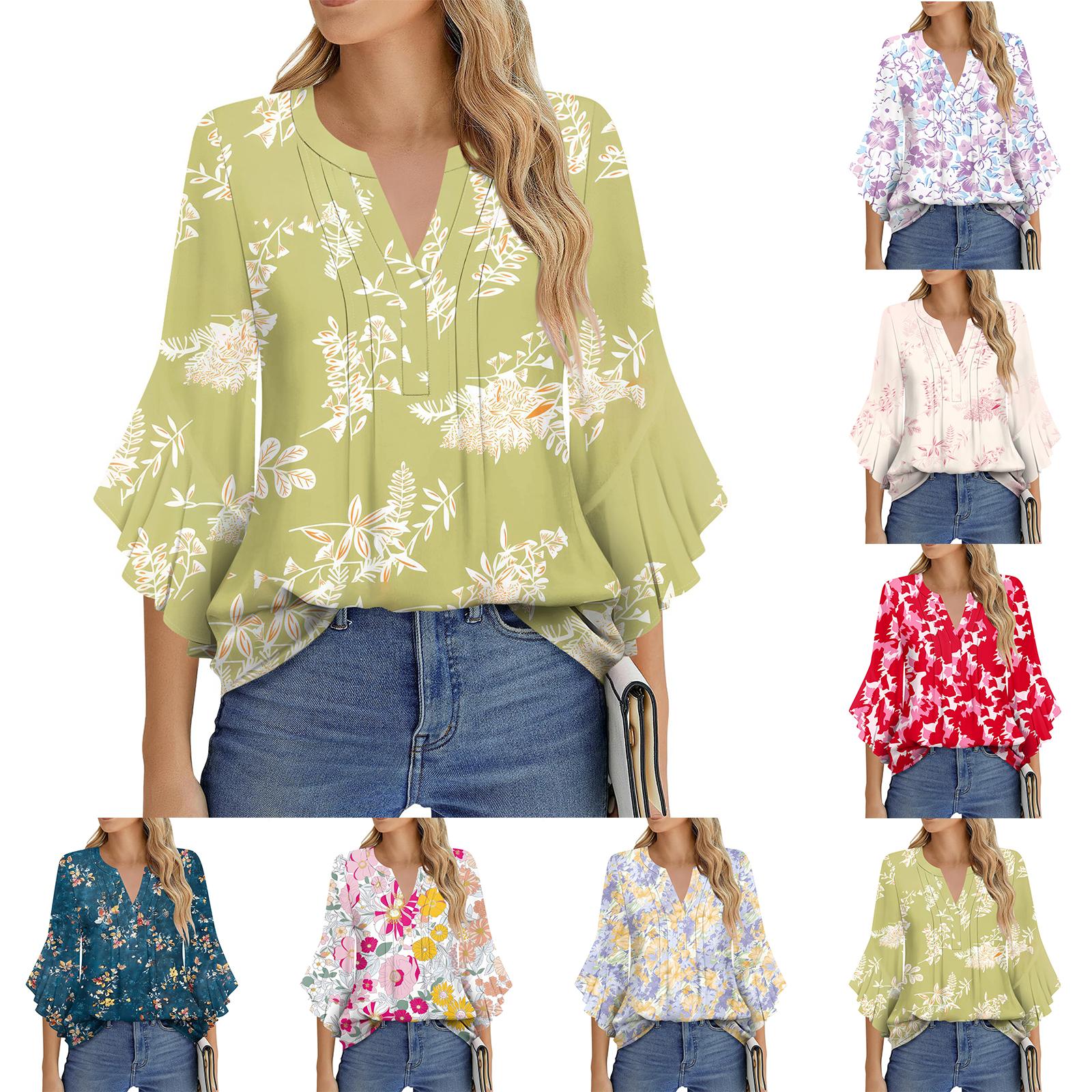 

Women s Fashion Casual Pleated V-Neck Solid Color Three-quarter Sleeve T-Shirt Elegant Top M фіолетовий