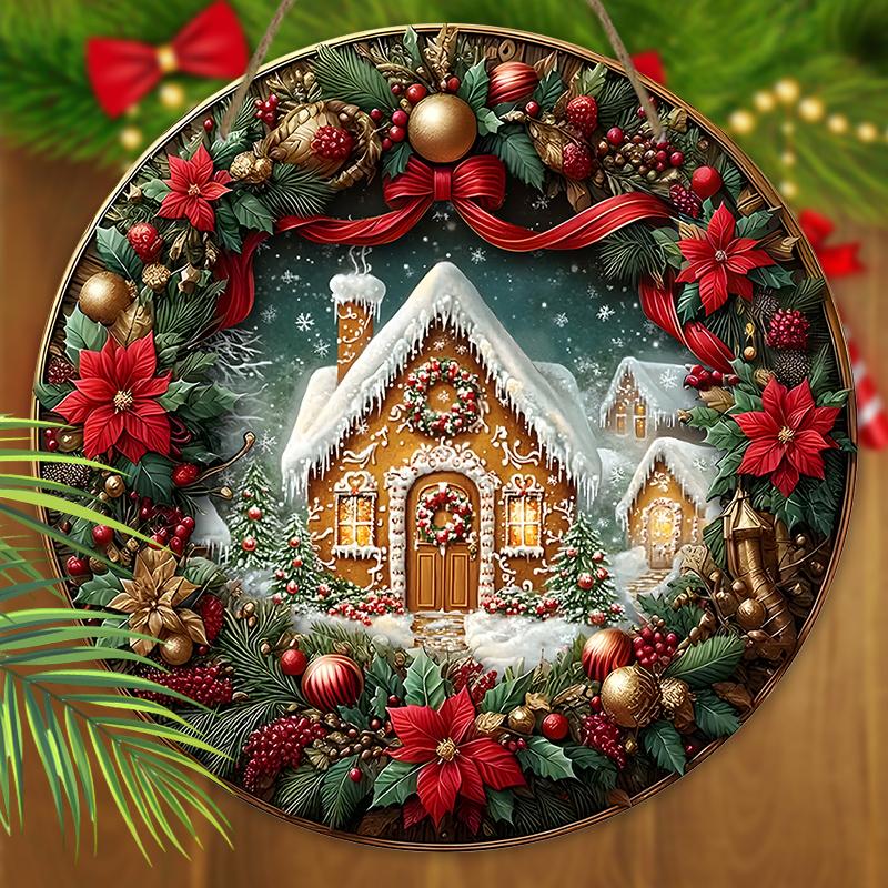 Wooden Christmas Sign with Gingerbread House Pattern - Classic Navidad Round Sign for Front Door Wall Hanging Decor - Ideal Christmas Ornament