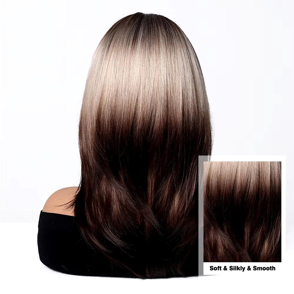 Platinum Ombre Synthetic Wigs for Women Long Wavy Silky Natural Hair Wig with Bangs Cosplay Party Heat Resistant Fake Hairs
