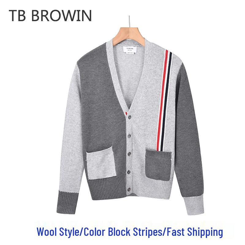 Men's Color Block V-Neck Cardigan Sweater - Korean Style with Four Stripes, Autumn/Winter 2025 Collection