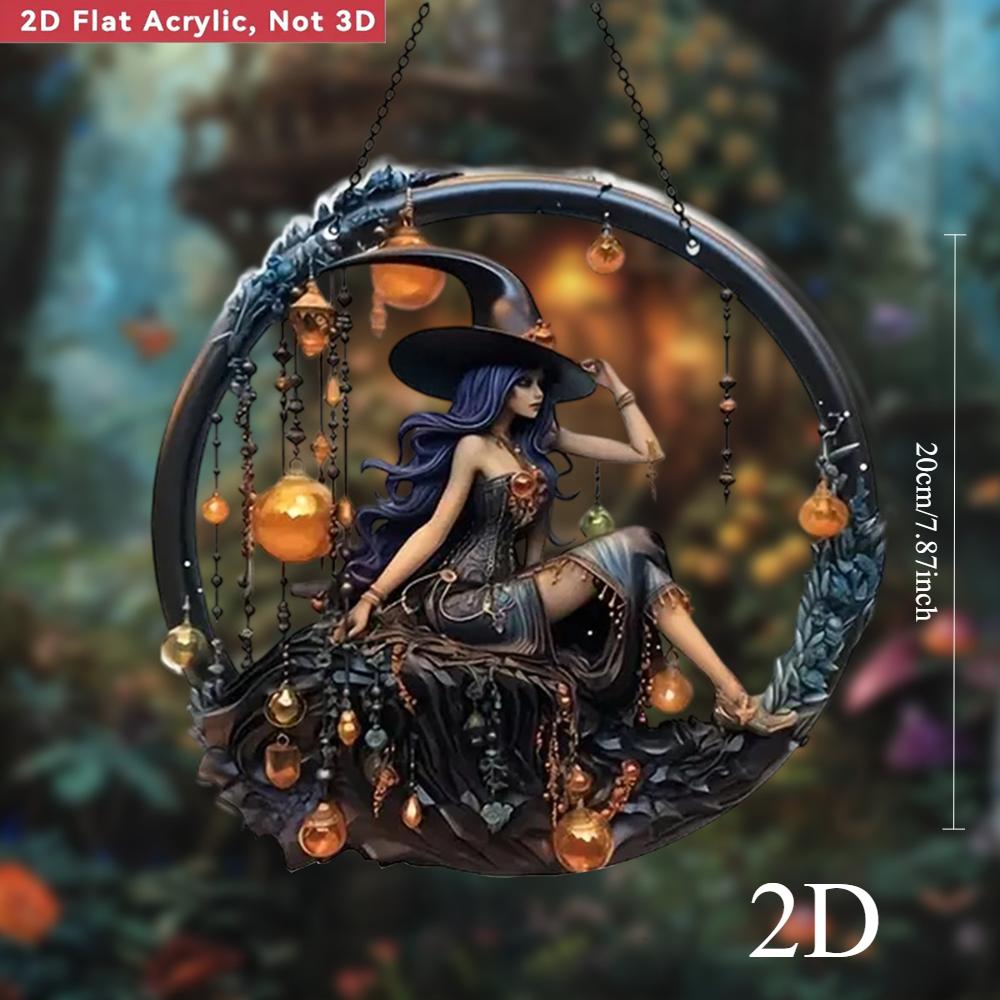 2D Flacher Halloween Traumfänger Anhänger - 2D Acryl Hexe mit Hängedekor mit Halbmond, Tropfenanhänger und Juwelenverzierung