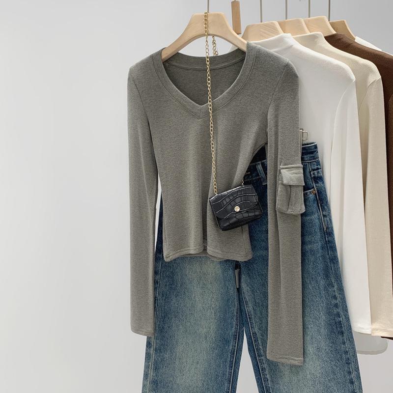 

Korean European Style Women s Grey V-Neck Long-Sleeve T-Shirt, Autumn/Winter 2025, Slimming Fit Large серый