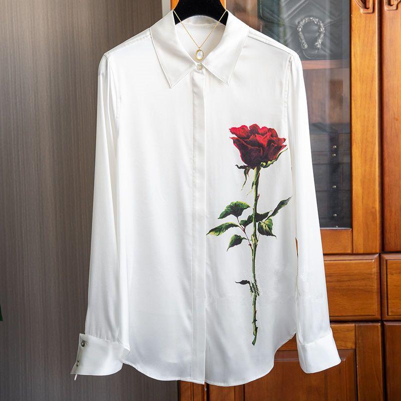 

Women s White Rose Print Button-Down Shirt Long Sleeve Casual Blouse S белый