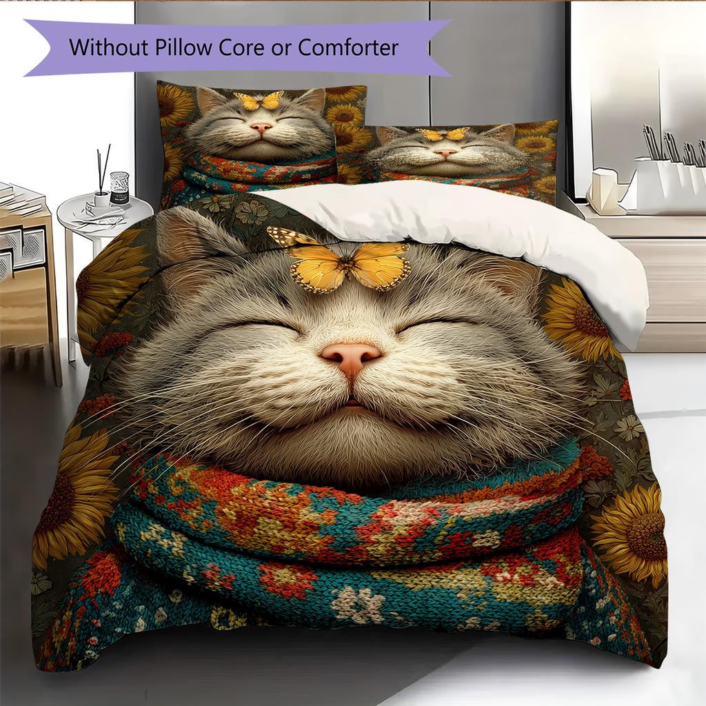 Tabby Cat Pattern Bedding Quilt Set Quilt Cover Pillowcase Home Decoration Gift (1 * Duvet Cover + 2 * Pillowcase, Without Core)