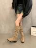Coarse Heel Suede Khaki Pile Medium Tube Knight Boots Women's Shoes New Autumn and Winter Skinny Long Tube Long Boots