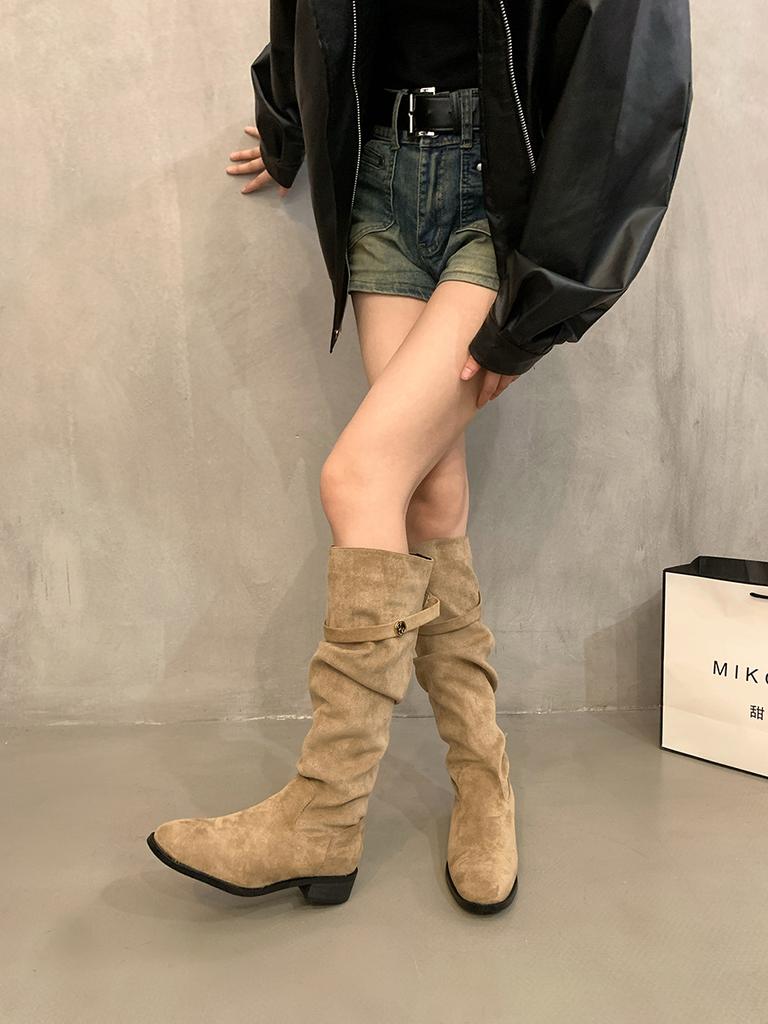 Coarse Heel Suede Khaki Pile Medium Tube Knight Boots Women's Shoes New Autumn and Winter Skinny Long Tube Long Boots