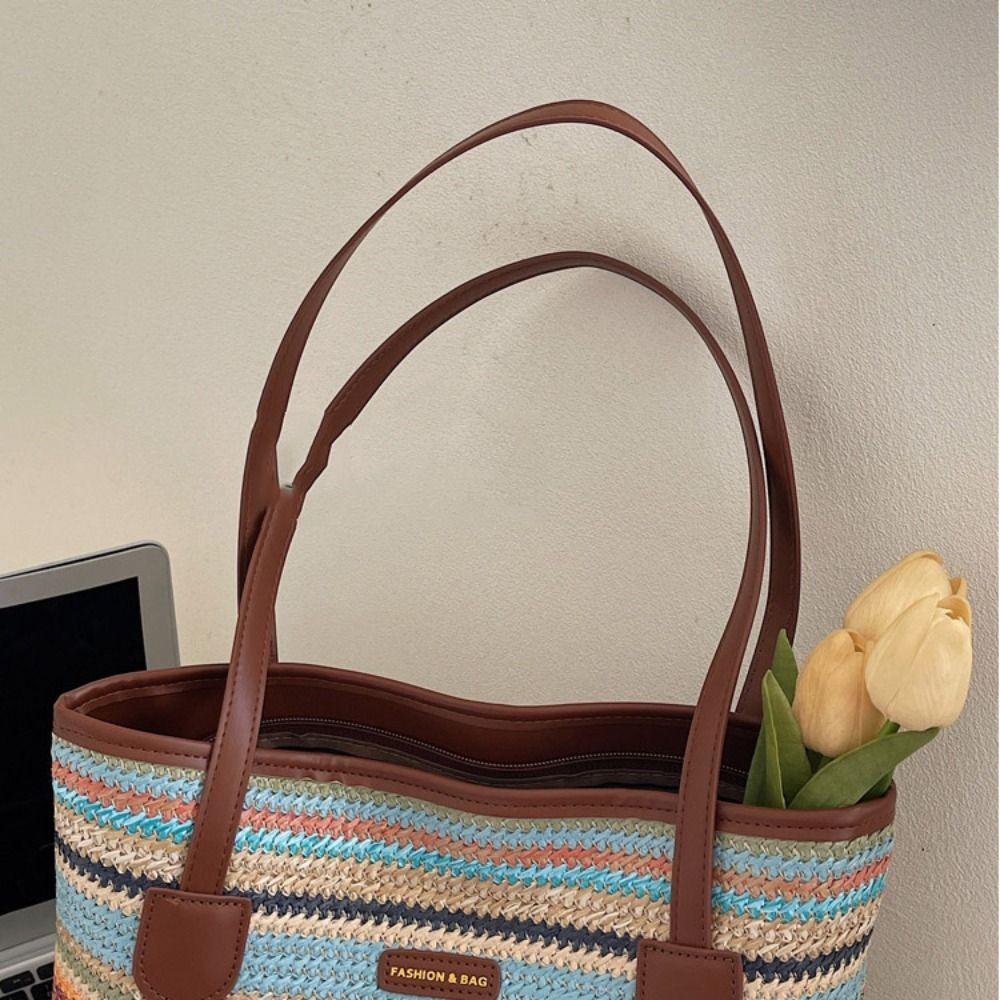Parent Shoulder Bag Bohemian Beach Bag Beach Handbag Strip Shoulder Bag Straw Woven Bag  Streetwear