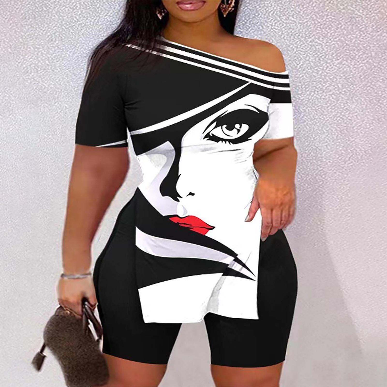 

Women s Fashion Loose Casual Strapless Printed Set Top And Shorts XXL чорний