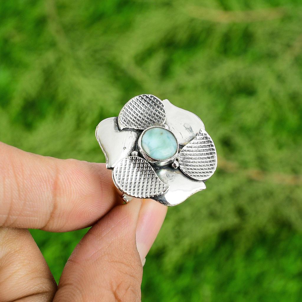 Natural Larimar Anniversary Solitaire Sister Promise Flower Ring Sterling Silver